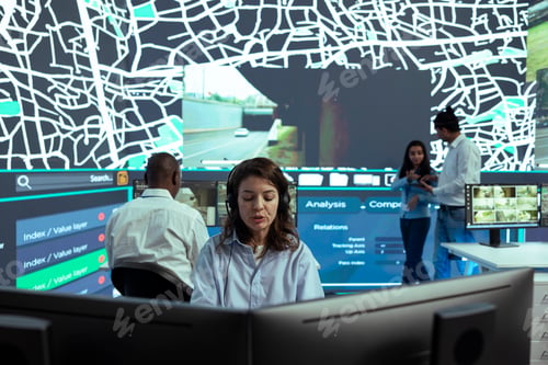Preview: Female employee operates on satellite map CCTV radar to monitor delivery trucks