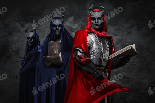 Preview: Dark cultists with robes and masks against dark background