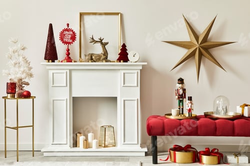 Preview: Christmas composition with decoration, christmas tree, gifts, snow and accessories in home decor.