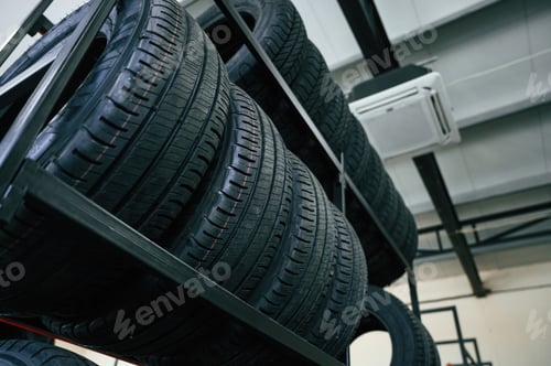 Preview: On the shelves. New tires are placed on the storage rack in the car workshop