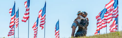 Preview: panoramic shot of kid hugging father in military uniform near american flags