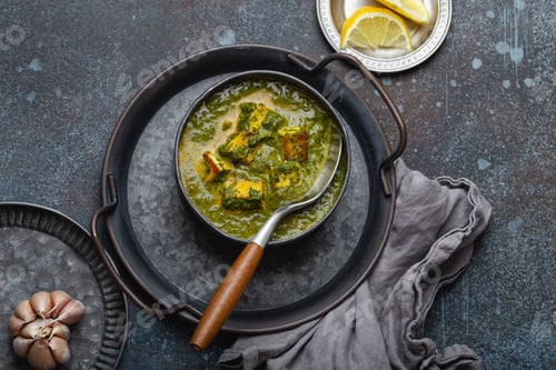 Preview: Indian dish Palak Paneer in bowl on rustic stone table