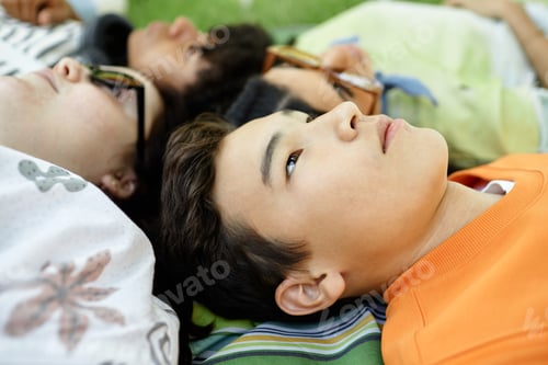 Preview: Portrait Teenage Boy Lying on Ground with Friends at Picnic in Park