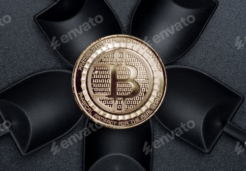 Preview: Top view bitcoins crypto coin over black shovel mining on black rough ground