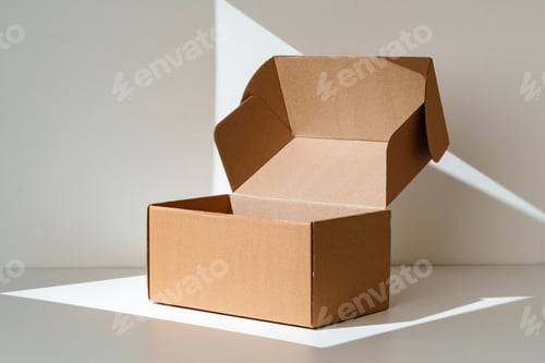 Preview: An open cardboard box rests on a bright white surface with soft shadows highlighting its edges and