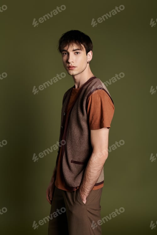 Preview: Elegant Man Posing in Brown Vest Against Vibrant Green Background