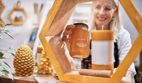 Preview: Mature woman, honey shop and shelf order in organic bees product sales, natural medical food or hea