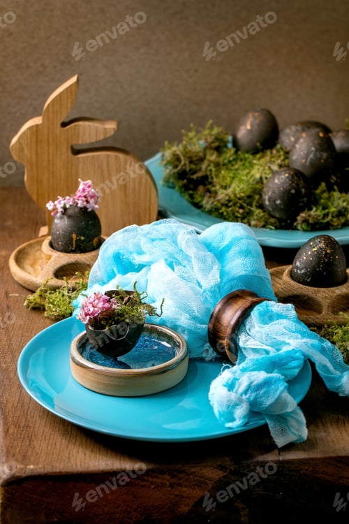 Preview: Easter table setting with empty turquoise ceramic tableware