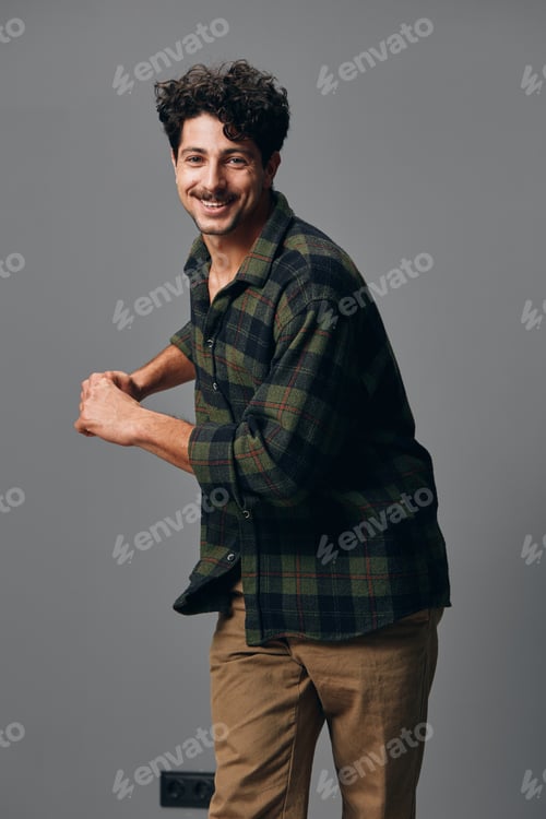 Preview: Hispanic man handsome fashion smile hipster shirt face studio portrait copyspace isolated trendy