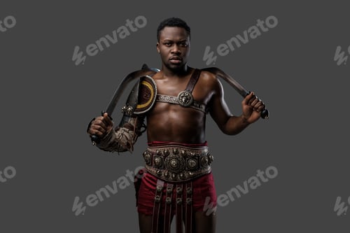 Preview: Black gladiator dressed in armor wielding dual swords