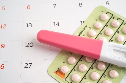Preview: Pregnancy test and birth control pills, contraception health and medicine.