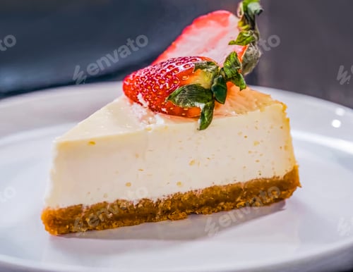 Preview: Cheesecake with strawberry on plate, close up, decorated, minimal. Homemade piece of berry cheesecak