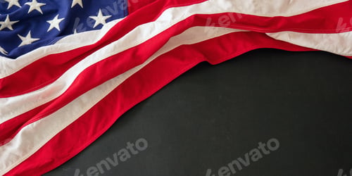 Preview: USA Flag on black background, copy space. American holiday template, overhead