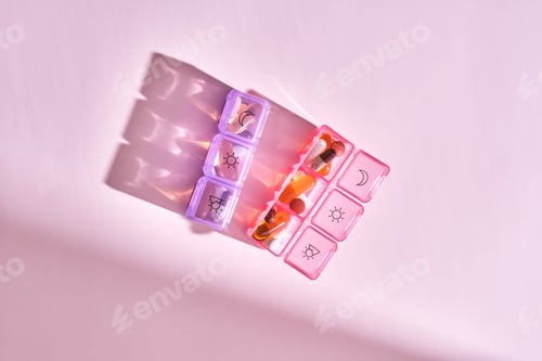Preview: Bright pill box with different pills and vitamins.