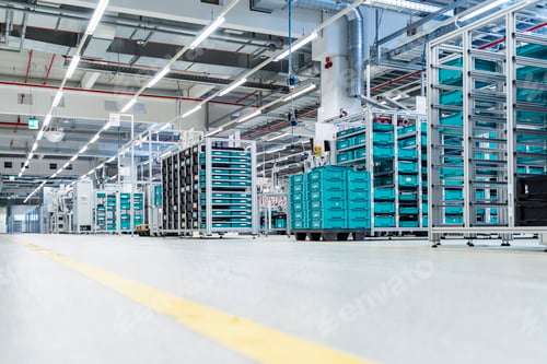 Preview: Stacked containers inside modern factory warehouse, Stuttgart, Germany