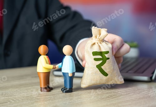 Preview: Businessmen shaking hands with an Indian rupee money bag. A business agreement