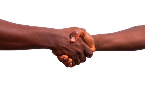 Preview: Handshake between two African people, hands isolated on white background