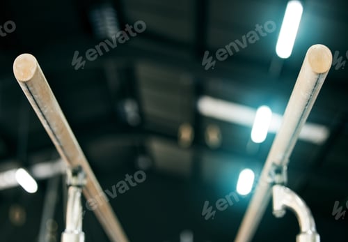 Preview: Gymnastics, balance beams and equipment for training, workout or skill competition at arena. Sports