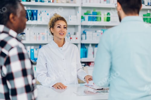 Preview: Woman pharmacist selling drugs to a senior patient customer in a pharmacy