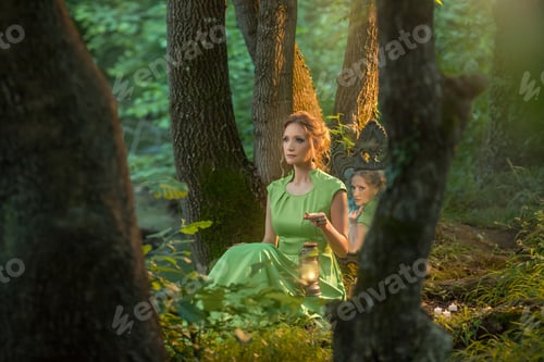 Preview: girl is sitting in the forest in a green long dress with old kerosene lamp