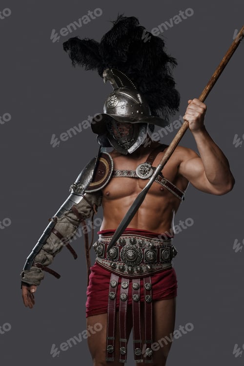 Preview: Gladiator spearman throwing spear against gray background