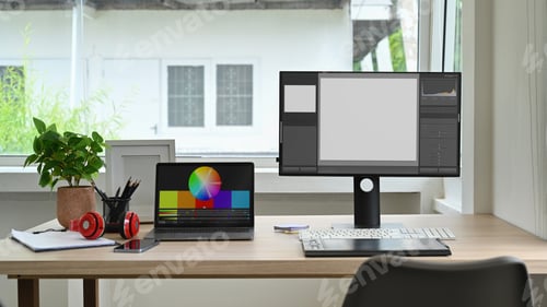 Preview: Modern creative office studio interior with laptop, blank screen computer, graphic tablet.