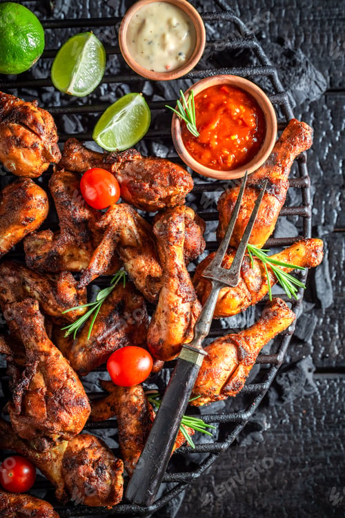 Preview: Hot and spicy roasted chicken leg with spices and herbs.