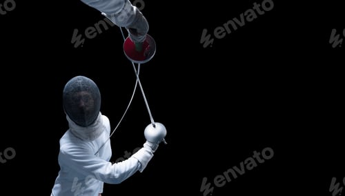 Preview: Two Fencers Are Fighting In A Tournament. The Concept Of Fencing. Mixed Media