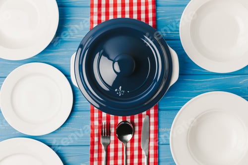 Preview: top view of served table with pan on blue table