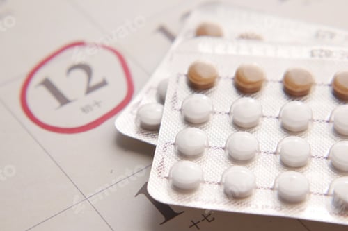 Preview: birth control pills , calendar on table close up