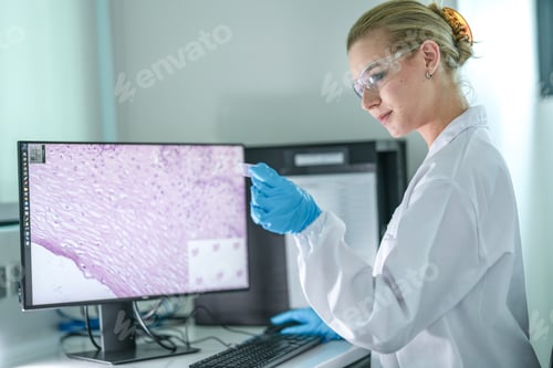 Preview: A medical researcher analyzes microscope images of tissue samples on a computer.