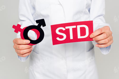 Preview: cropped view of doctor in white coat holding gender symbols and std lettering isolated on grey
