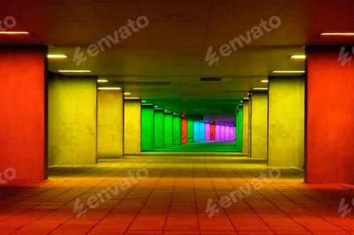 Preview: Colorful mulitcolord illuminated gallery tunnel near Museum Park, Rotterdam, The Netherlands