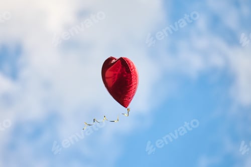 Preview: Red heart-shaped balloon floating against blue sky