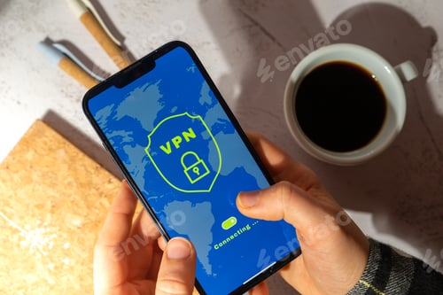 Preview: Unrecognizable woman holding Mobile phone App screen of VPN creation Internet protocols for