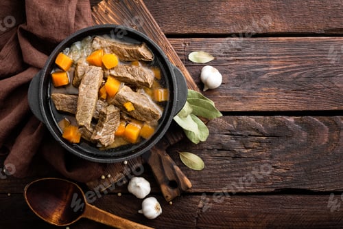 Preview: Delicious braised beef meat in broth with vegetables, goulash