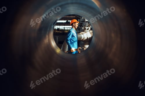 Preview: Worker with wrench on factory, view through tube