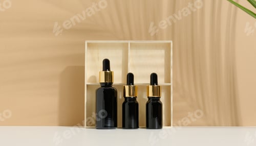 Preview: Glass brown bottle with pipette a on light brown background. Mockup skincare cosmetic product