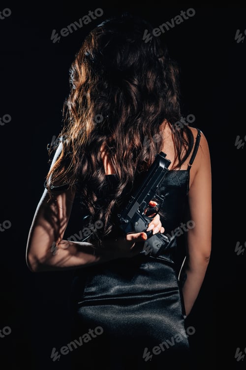 Preview: silhouette of a female detective in a dress with a gun in her hands, which she hides behind her back