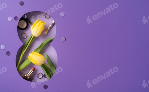 Preview: Yellow tulips and cosmetics on a purple background symbolize beauty and celebration