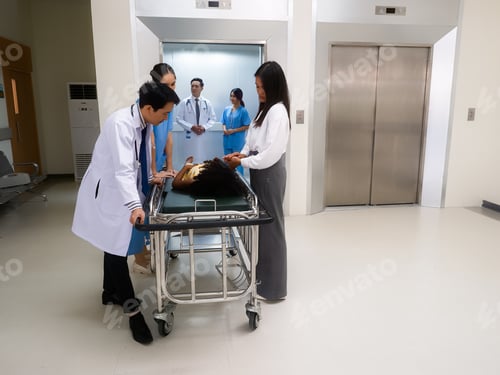 Preview: At hospital doctor and nurse looking at medical team in elevator transfer patient to treatment room