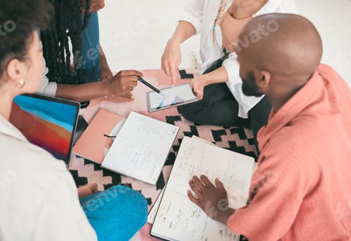 Preview: Diverse group of students brainstorming and strategizing for school project or sharing ideas, makin