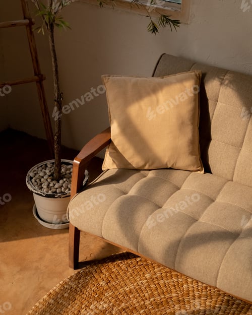 Preview: a couch that is near a small plant with a pot