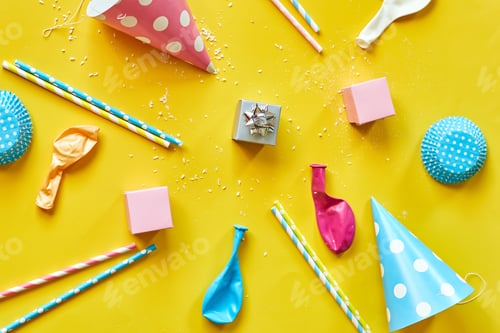 Preview: Flat lay festival birthday party background with gift box