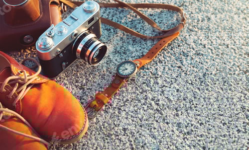 Preview: Vintage Timepiece with Classic Camera and Shoes