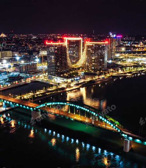 Preview: Aerial view of the Ada's bridge over Sava river at night. Belgrade, Serbia