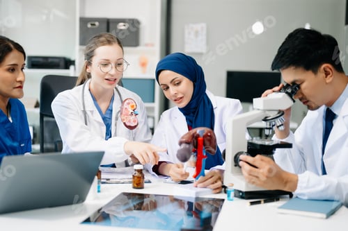 Preview: Doctor Talks With Professional Head Nurse or Surgeon, They Use Digital tablet Computer. Diverse Team