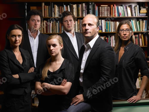 Preview: People standing in front of a bookcase