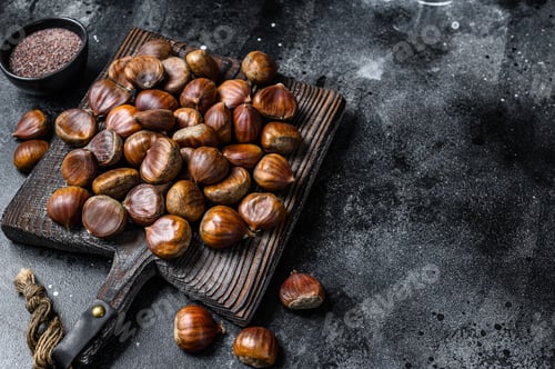 Preview: Raw chestnuts on a wooden cutting board. Black background. Top view. Copy space