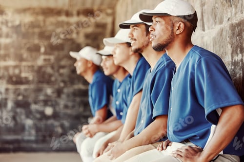 Preview: Baseball, sports and fitness with a team in a dugout during a game or match together outdoor during